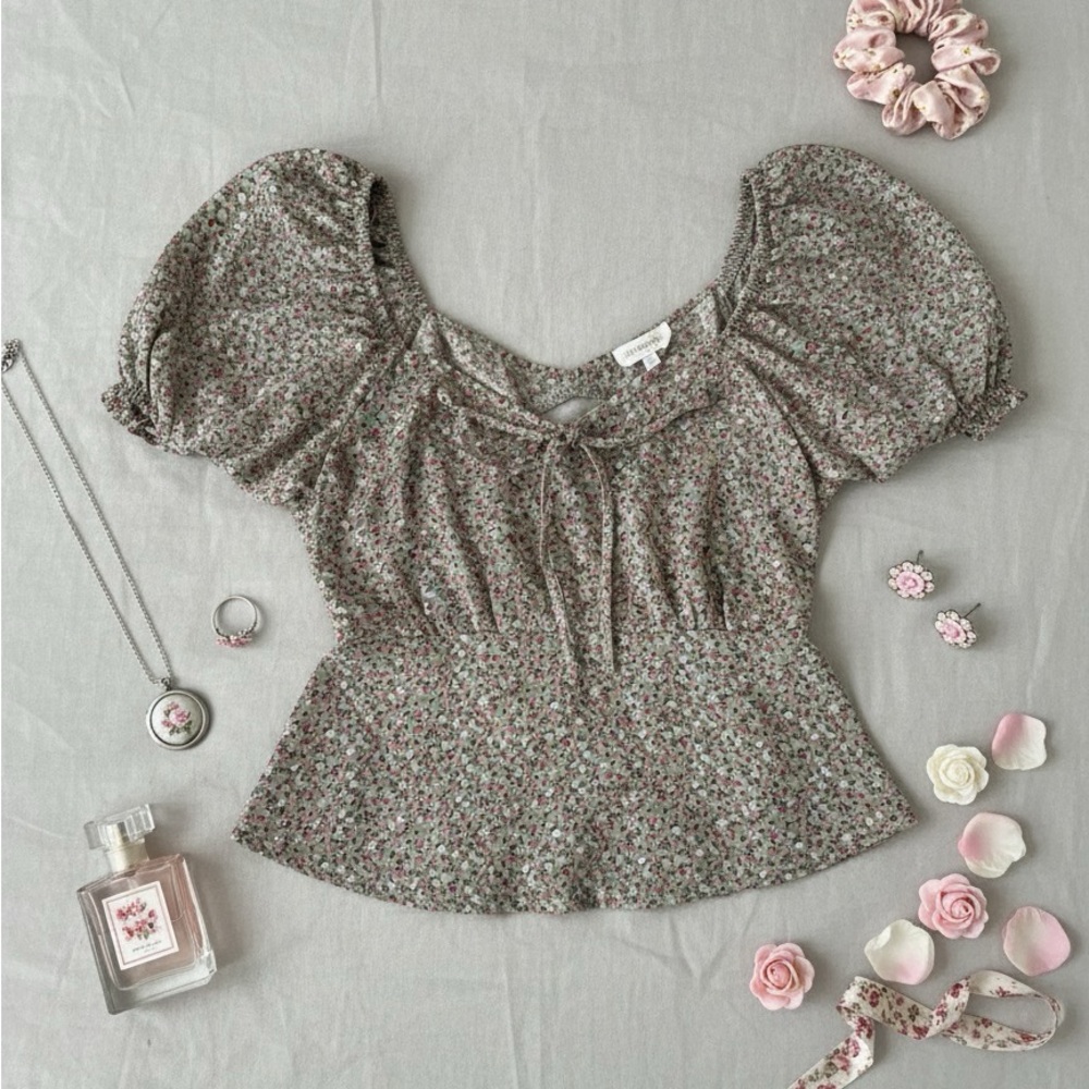 Sienna Sky Floral Puff Sleeve Top Tie Front Open‎ Back Girly Blouse